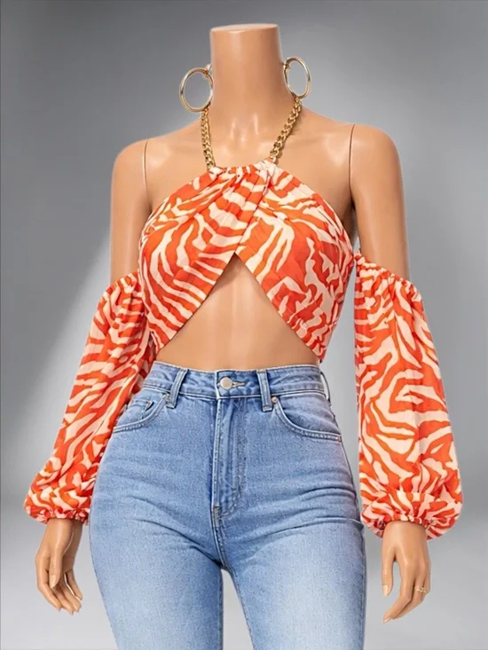 Orange Zebra Print Off-Shoulder Crop Top - Picture 1 of 13